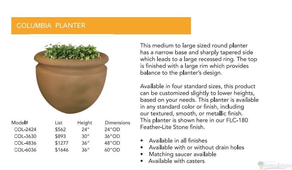 Columbia-Tapered Urn or bowl style fiberglass planter